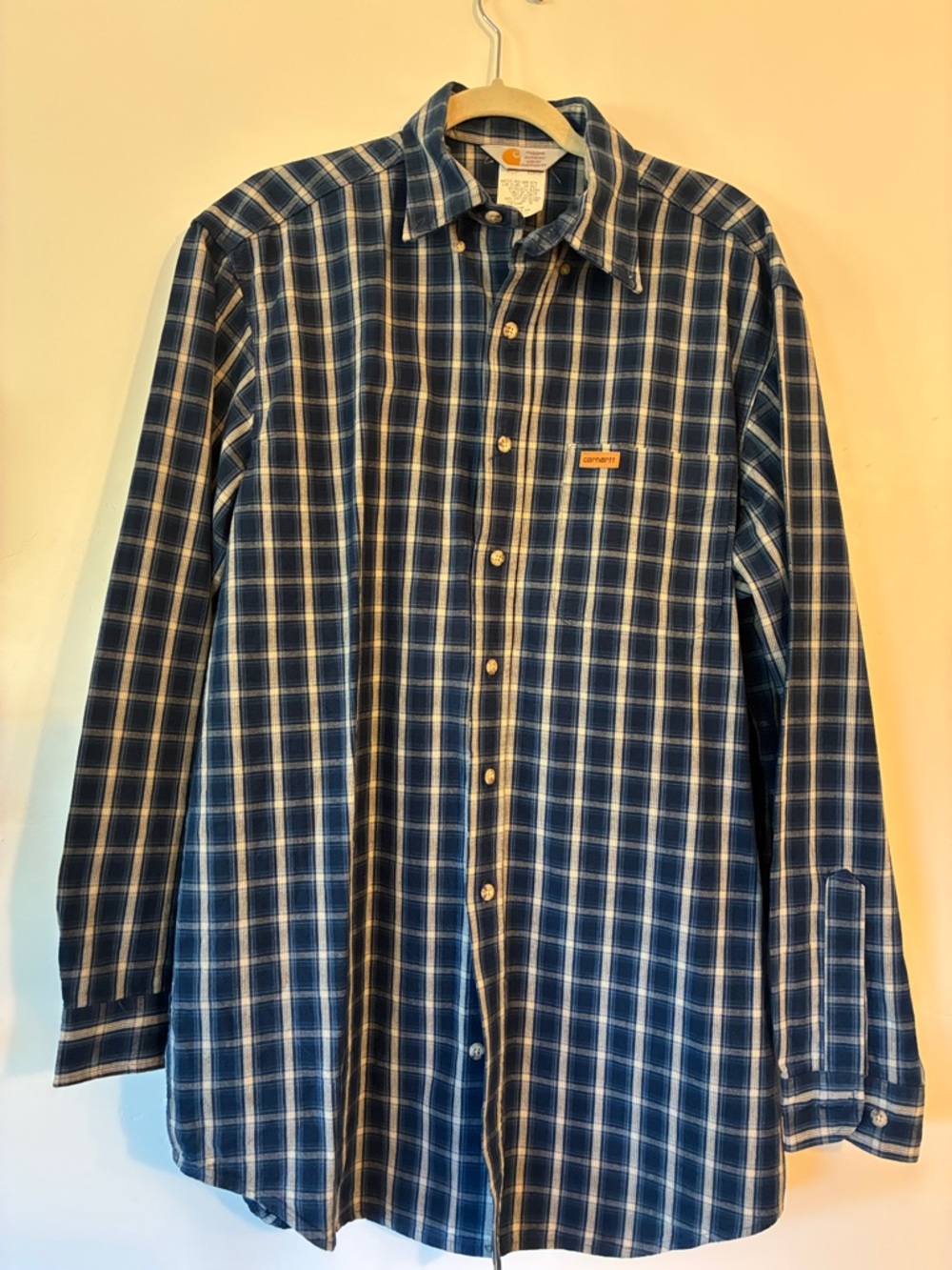 Carhartt Men's Blue and White Plaid Button-Down Work Shirt